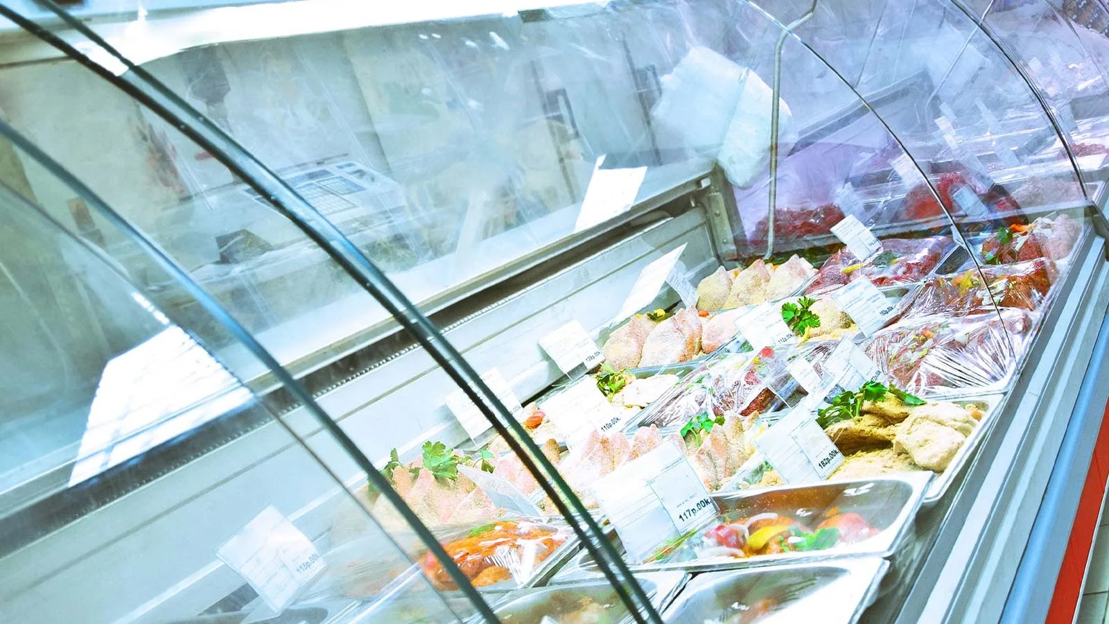 A refrigerated deli display case